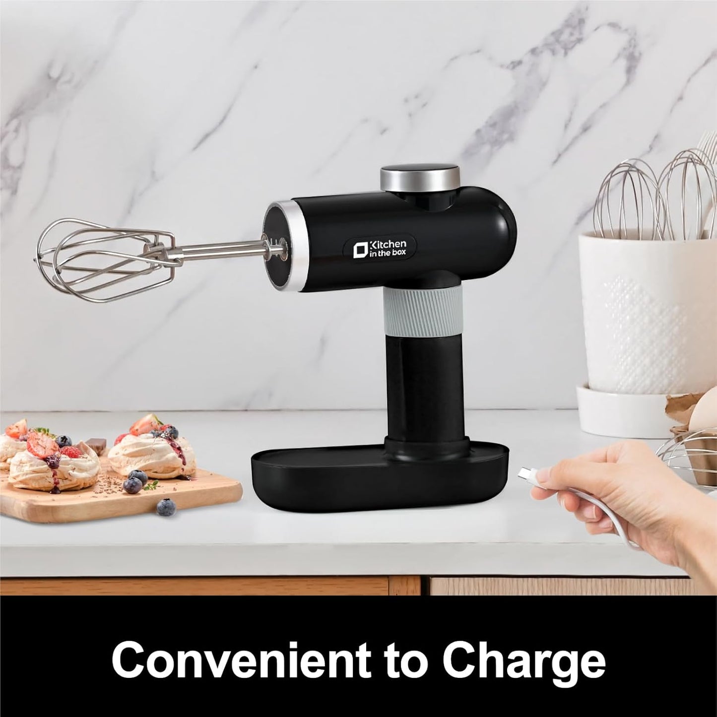 Kitchen in the box Cordless Rechargeable Hand Mixer for Kitchen, Portable Handheld Electric Mixer with Beaters, Whisks, 6-Speed Digital Display, Charging Base and USB-C Charge Cable (Classic Black)