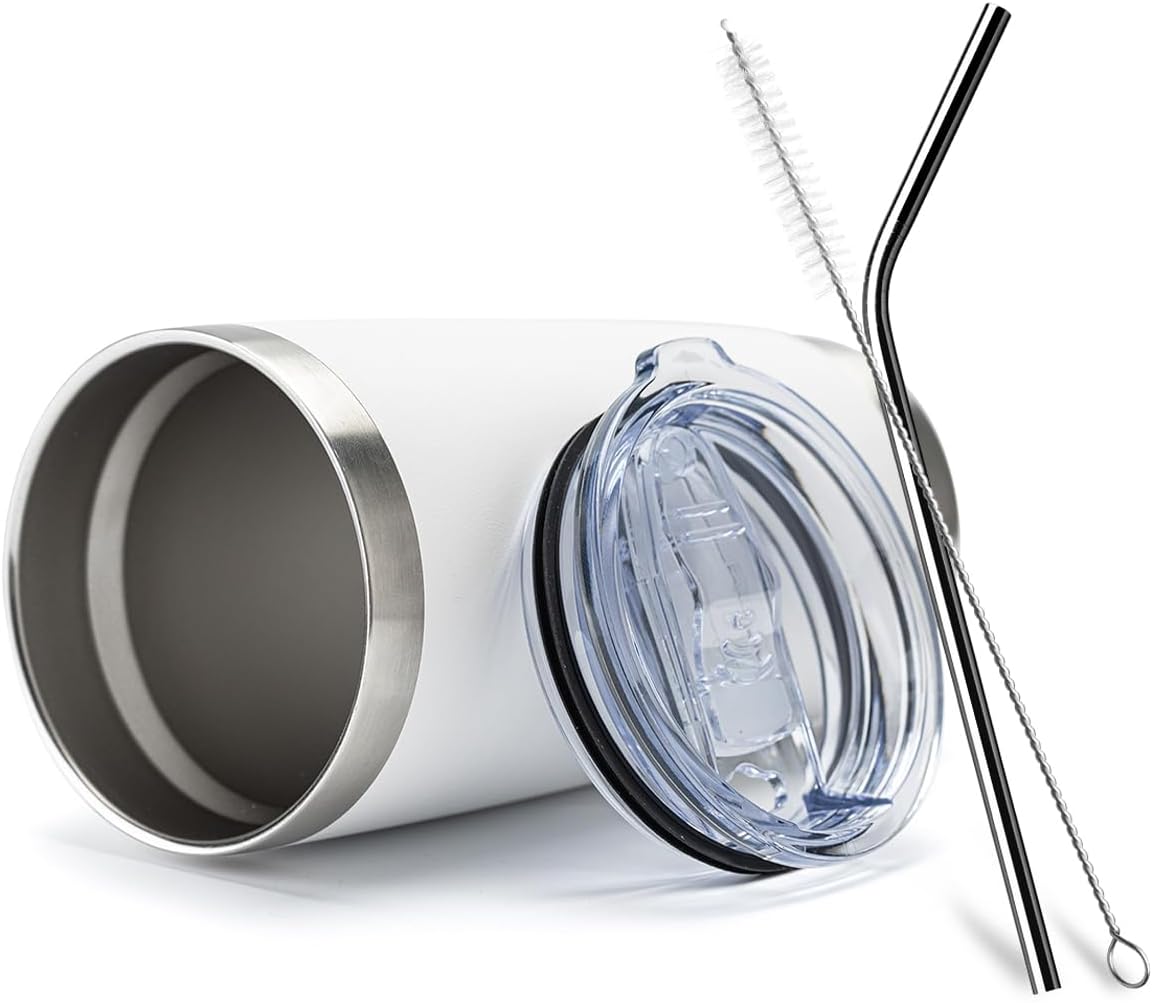 COMOOO 20oz Double Wall Vacuum Insulated Travel Mug, Stainless Steel Tumbler with Lid and Straw Durable Powder Coated Insulated Coffee Cup for Cold & Hot Drinks (White. 2 pack