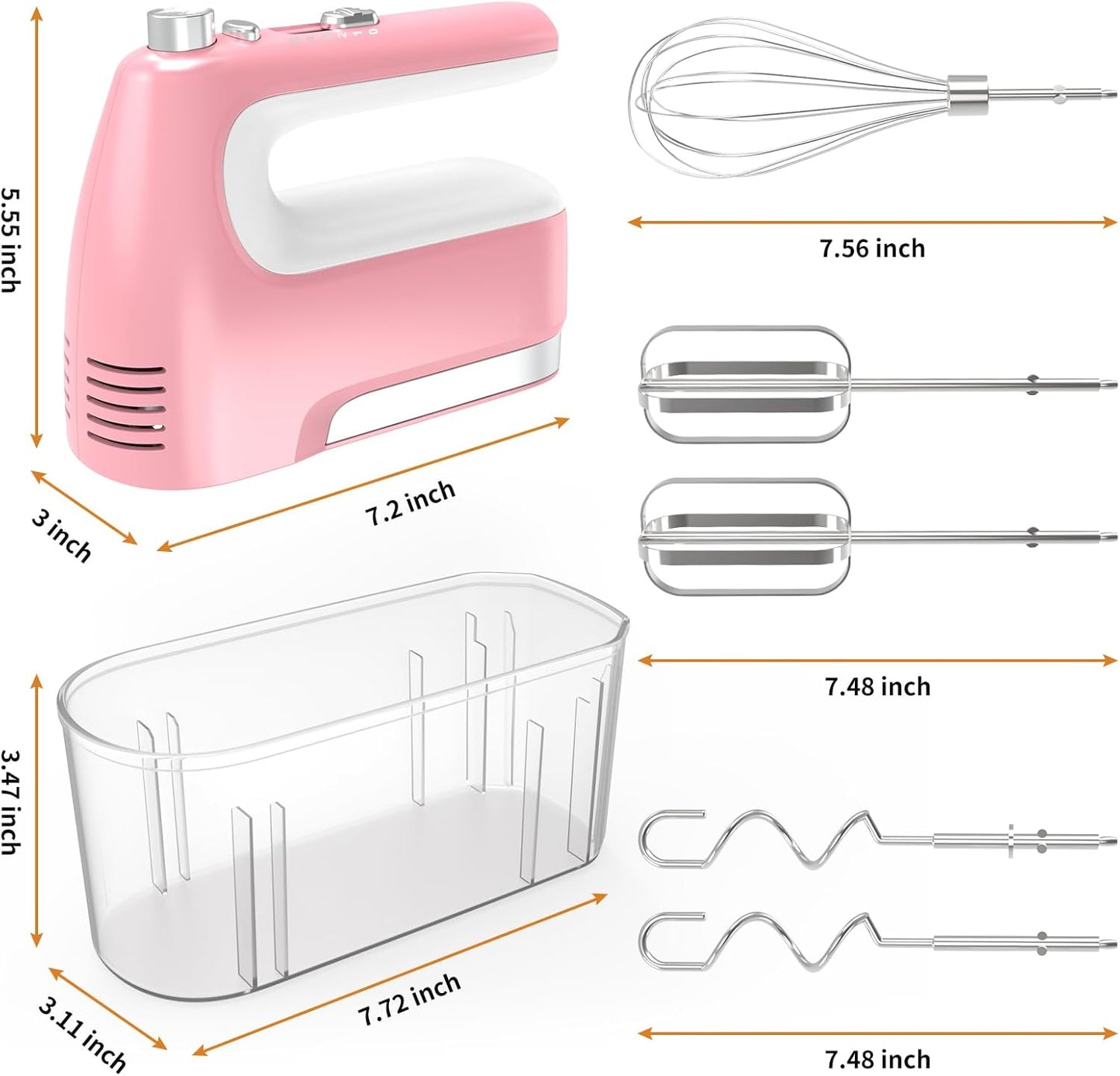 CBQ Hand Mixer Electric, 5-Speed 400W Powerful Motor, Hand Mixer Electric Handheld with Storage Case, Turbo Boost and 5x Accessories, Flat Beaters, Dough Hooks, Whisk (Pink)