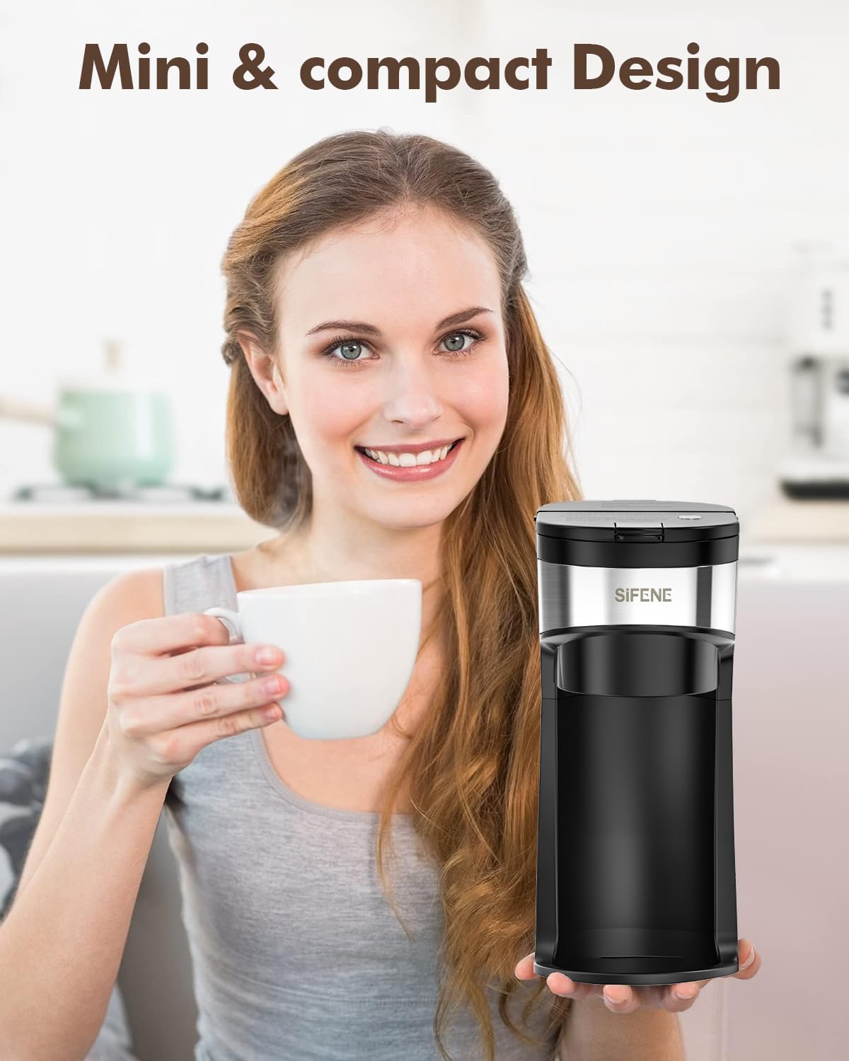 SIFENE Mini Coffee Maker Single Serve Instant Coffee Brewer, One Cup for K Pod & Ground Coffee, Capsule Coffee Machine with Water Window and Descaling Reminder (Black)