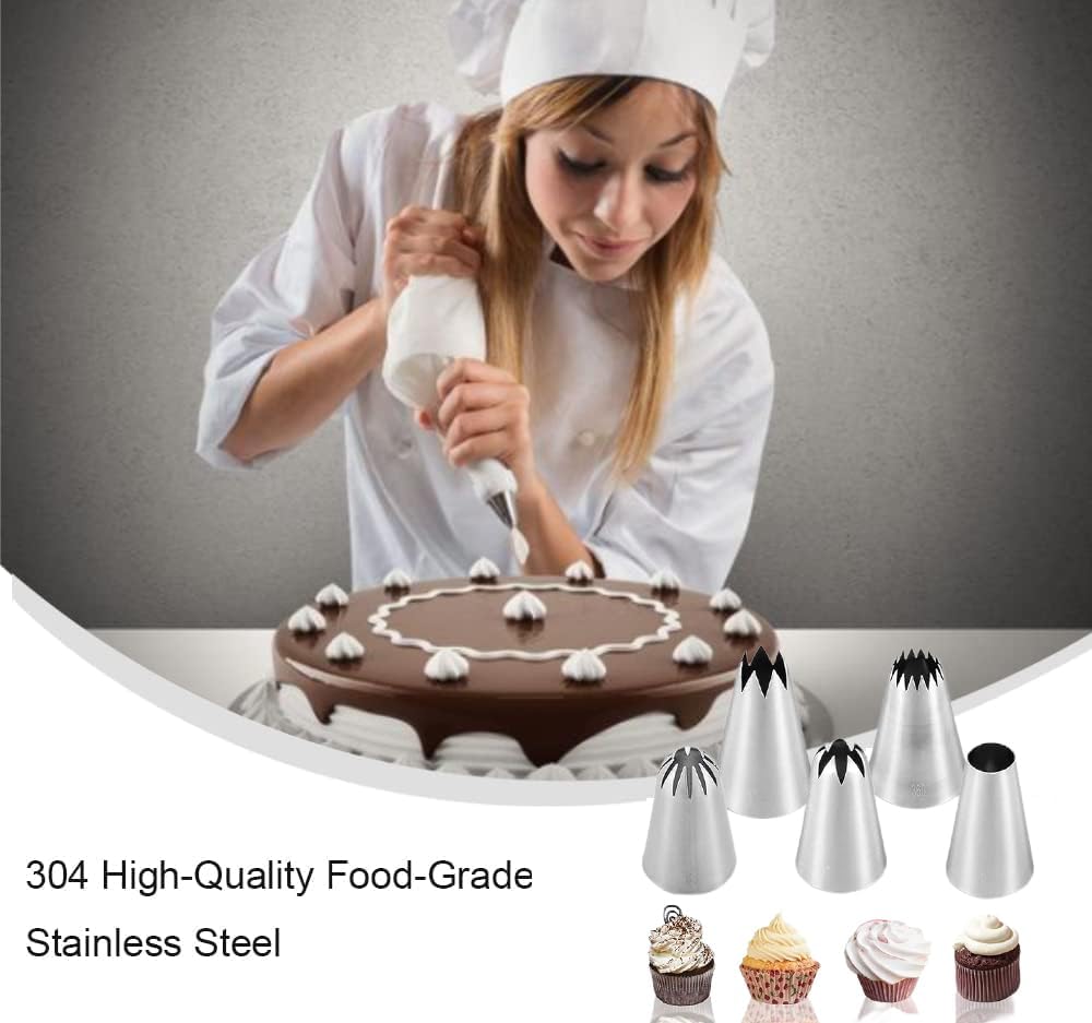 Extra Large Piping Tips, Seamless Stainless Steel Icing Piping Nozzle Tip Set, DIY Icing Nozzle Tool for Birthday Cake & Cupcakes, with a Cleaning Brush (1A 356 347 348 1E)