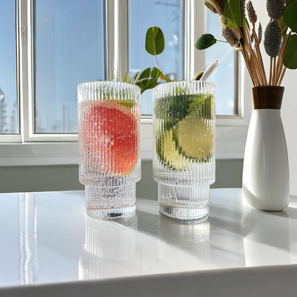 Glass Cups with Lids and Straws - 16 oz Iced Coffee Cups, Vintage Ribbed Drinking Glasses with Bamboo Lids, Tumbler for Juice, Beer, Coffee, Milk, Cocktail, Water (4 Pack)