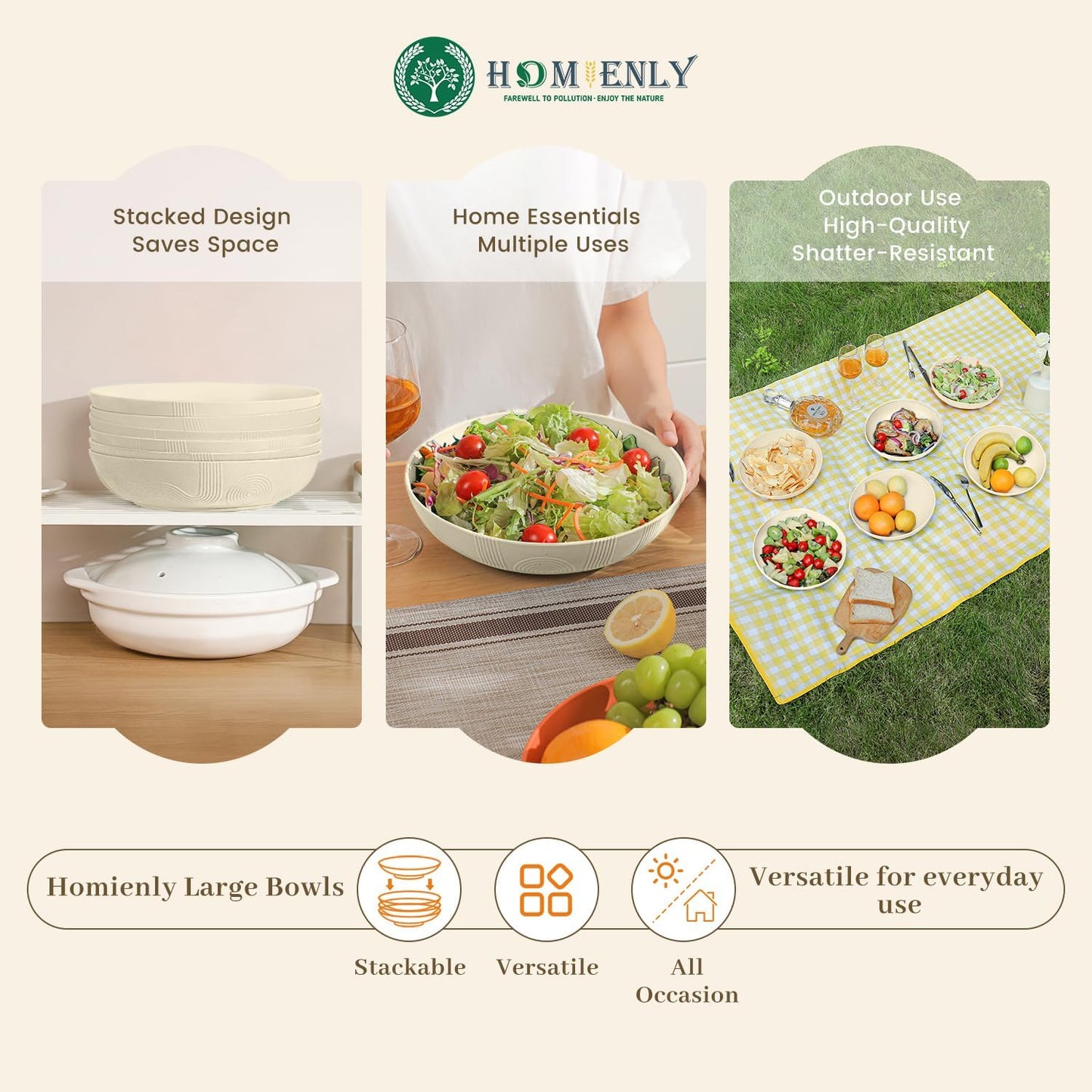 Homienly 65 oz Large Salad Bowls Wheat Straw Big Bowls 10 inch Serving Bowls Wheat Straw Plates Bowls Set of 6 Wide and Shallow Bowls for Kitchen Dishwasher Safe-Beige