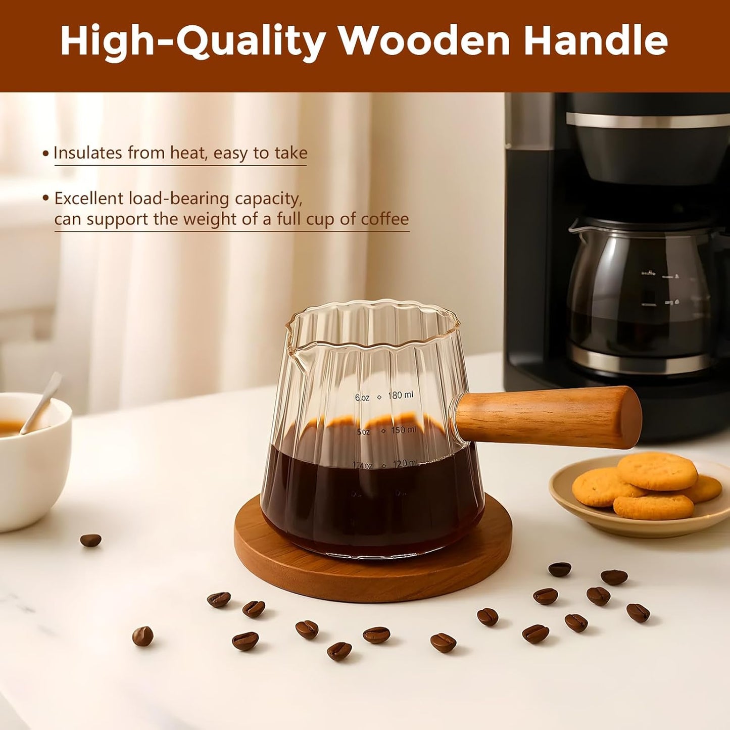 YARRAMATE 2 Pack 6 oz/180ML Glass Measuring Cup with Wooden Handle – Espresso Shot Cups, Ribbed Milk Frothing Pitcher, Dual Scale Markings, V-Shaped Mouth for Easy Pouring