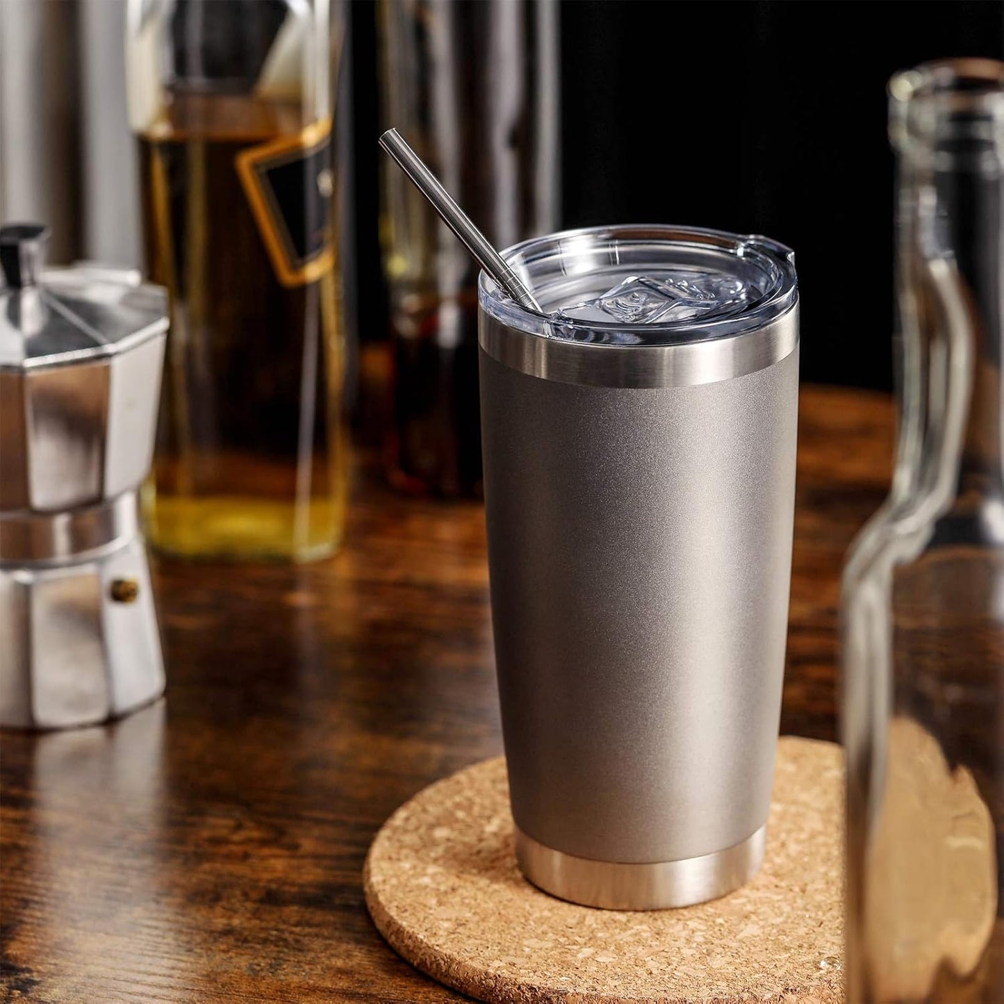 COMOOO 20oz 4Pack Double Wall Vacuum Insulated Travel Mug, Stainless Steel Tumbler with Lid, Durable Powder Coated Insulated Coffee Cup for Cold & Hot Drinks (Grey, 4 Pack)