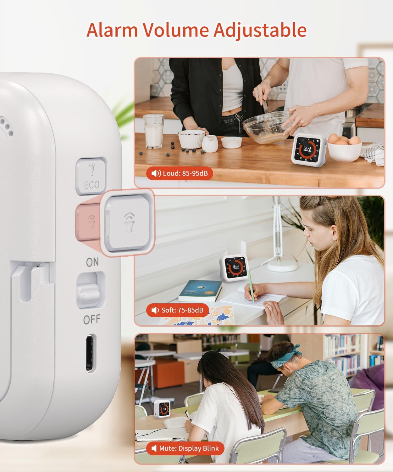 Digital Visual Timer - Max 11H 59M Rechargeable Countdown Timer with VA Display, Clear Digits, Adjustable Volume and Brightness, Magnetic Digital Timer for Kitchen, Classroom, Office (White)