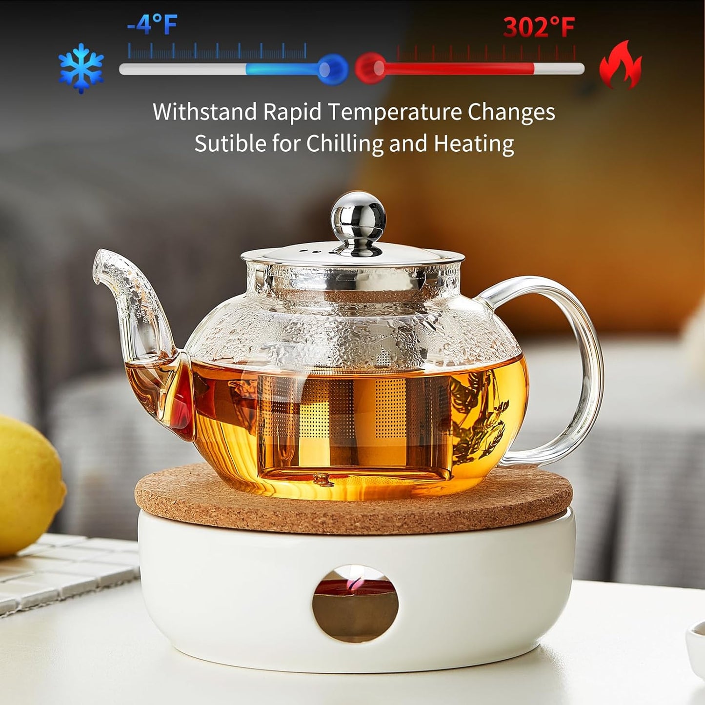 Glass Teapot Stovpetop Safe,20 oz/ 600 ml Stove Top & Microwave Safe Small Borosilicate Glass Kettle with Loose Leaf Tea Strainer For Flower Blooming Tea, Clear