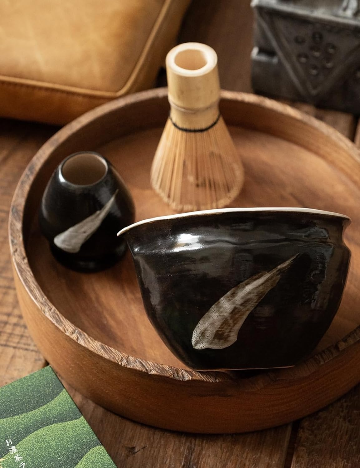 6-pcs Japanese Matcha Whisk Set with Handmade Wabi-Sabi Ceramic Bowl(Chawan),Bamboo Chasen, Whisk Holder, Scoop, Sifter & Tea Towel,Matcha Ceremony Kit,(Ink Cloud)