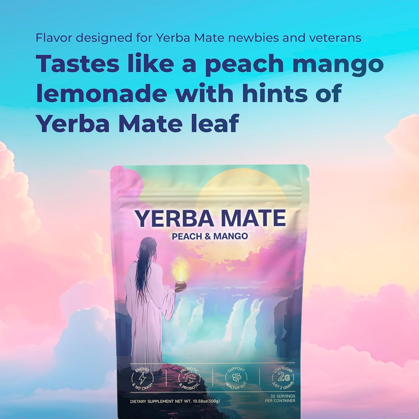 Yerba Mate Peach Mango Tea Powder Low Sugar Content Clean Energy with No Crash Stay Refreshed for Health Enthusiasts 30 Servings