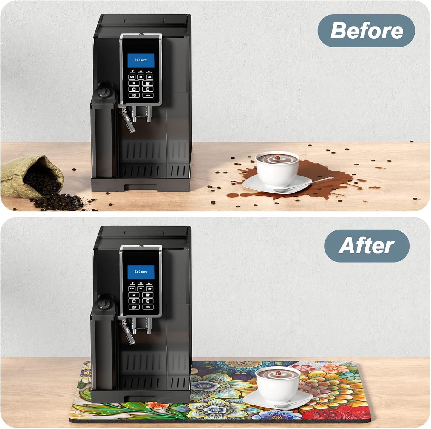 Rnivvi Coffee Mat, 16" x 24" Cute Flower Theme Coffee Bar Mats for Espresso Machine Station Accessories and Organizer, Hide Stain Rubber Backed Absorbent Dish Drying Pad for Kitchen Counter, Mandala