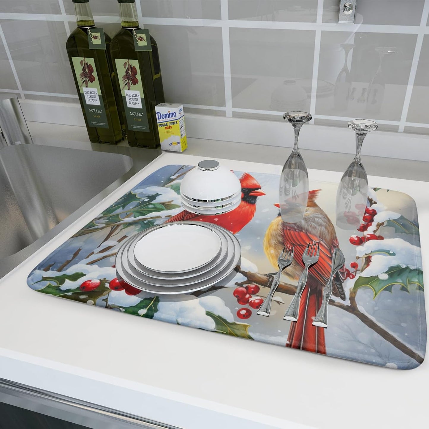Winter Cardinal Birds Dish Drying Mat, Holly Berry Branches Dish Drying Mat for Kitchen Counter, Red Birds Absorbent Fast Dry Dish Drainer Mat Protector Xmas Microfiber Dish Drying Pad 16x18 Inch