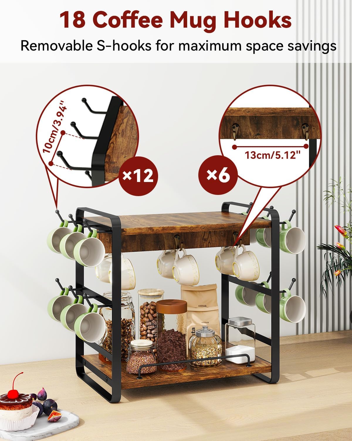 IBUYKE Coffee Bar Station Countertop Organizer,2 Tier Kitchen Mug Cup Holder Stand,Wooden Coffee Mug Organizer with 18 Hooks,Multifunctional Mug Tree for Home Kitchen, Office,Vintage Brown UTBJ006H