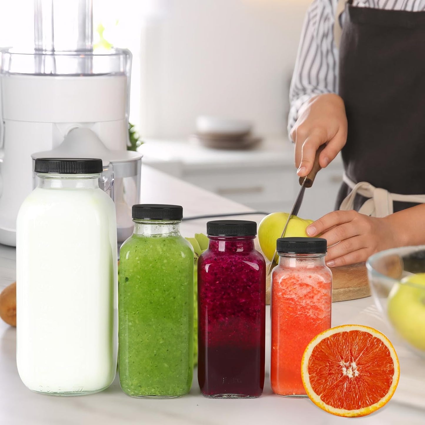 8 oz Glass Juice Bottles with Lids 12 Pack,Reusable Glass Drink Bottles,250ml Water Drinking Jars for Milk,Juicing,Kombucha,Ginger,Beverage Glassware,Juice Drinking Jars