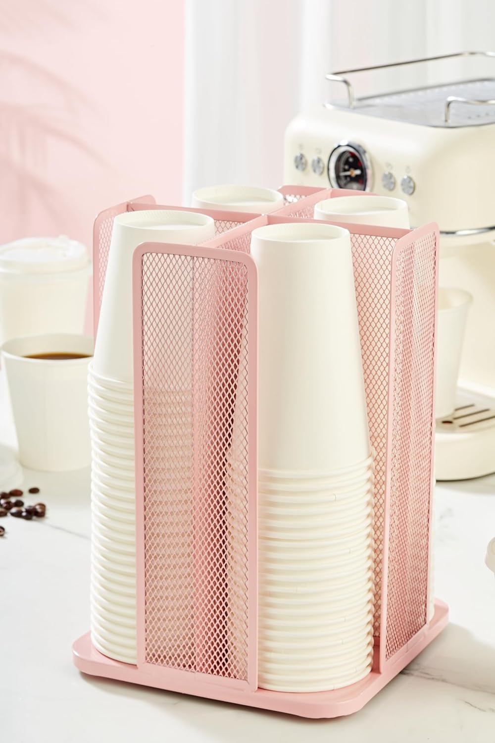 Annova Paper/Plastic Cup and Lid Holder Plastic Storage Organizer, 360°Rotating Coffee Mup Dispenser with 4 Compartments, Multifunctional Storage Rack for Home, Office, Bar, Coffee Shop (Light PInk)