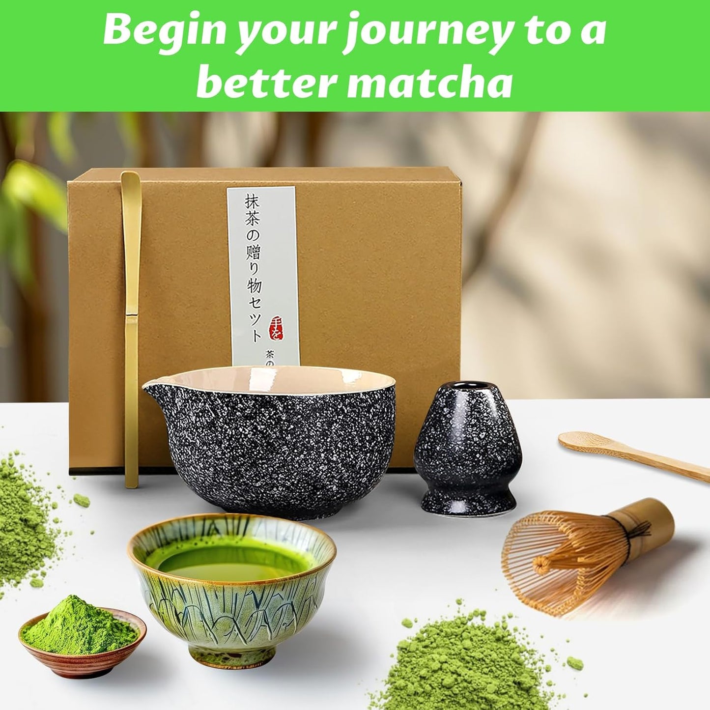 Matcha Set, 6 Pcs Matcha Whisk Set with 20 oz Bowl, Bamboo Whisk for Matcha Tea, Matcha Bowl, Ceramic Matcha whisk Holder, Stainless Sifter and Scoop - Gift for matcha kit Lovers(Black)