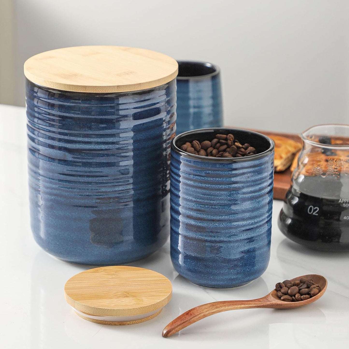 Hasense Ceramic Food Storage Jars with Bamboo Lids – 80oz + 24oz Kitchen Canister Set – 7.5" & 5.9" Airtight Containers for Coffee, Tea, Sugar, Flour – Pantry Organization Jar Set of 2(Blue)