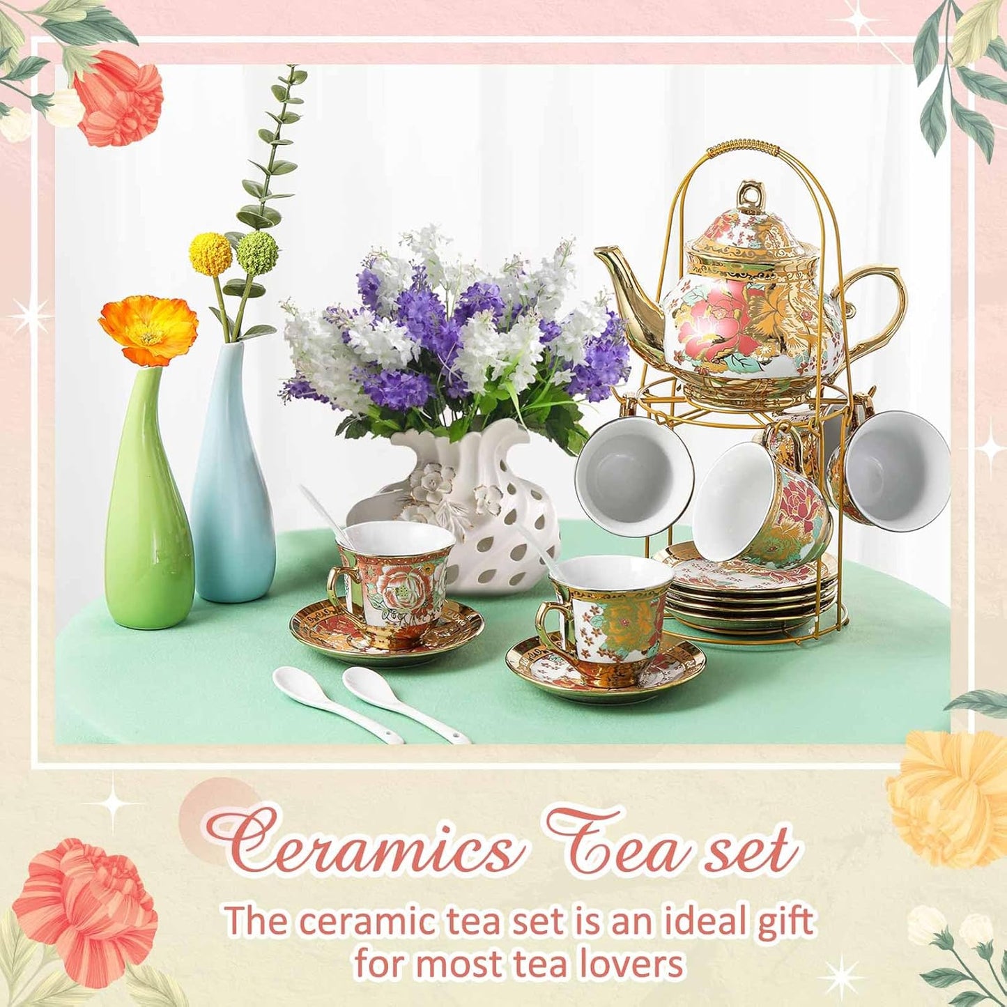 Zhehao 20 Pcs Porcelain Tea Set with Metal Holder and Spoon Adult Ceramic Tea Party Set European Flower Painting Teapot Cup Saucer Spoon Set for Women, Large Version(Stylish Style)