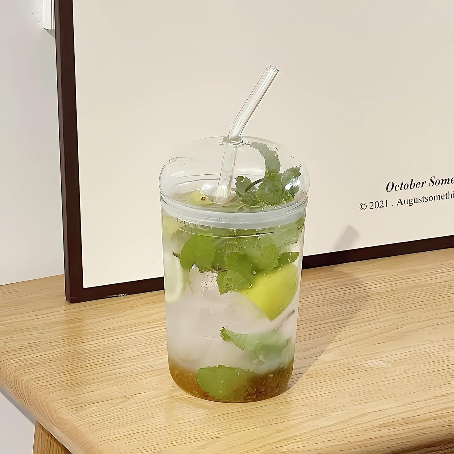 16oz Glass Cup with Glass Lid & Straw - Drinking Glasses for Iced Coffee, Bubble Tea, Matcha, Smoothie, Soda, Water - BPA-Free Glassware with Cleaning Brush, Dishwasher Safe