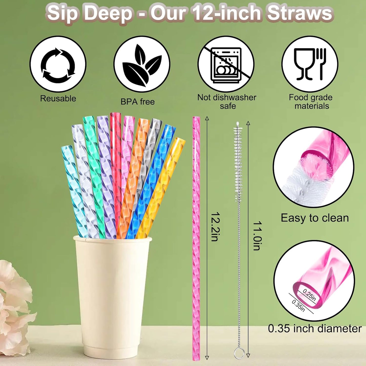 Reusable Straws for Stanley Cup Replacement,12 Inch Plastic Extra Long Straw for 40/30 oz Tumbler,Clear Hard Drinking Straws for Stanley,10mm Large Wide Water Bottle Straw for Stanley Cup Accessories