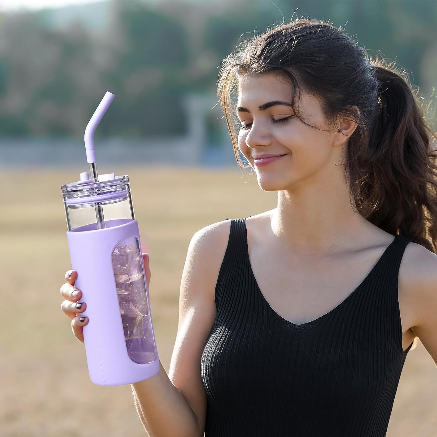 Kodrine 24oz Glass Tumbler with 2 Lids and Straws, Glass Cup With Bamboo Lid and On-the-go Lid, Reusable Iced Coffee Cup, Ideal for Smoothie, Cold Drinks, Fit Cup Holder, BPA Free (1, Purple)