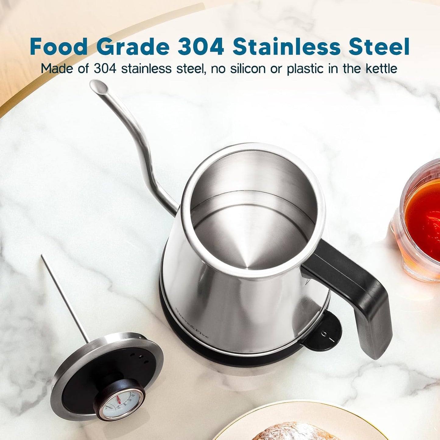 Nueve&Five Gooseneck Electric Kettle with Thermometer,Electric Tea Kettle 1L with Auto Shut-Off,1000W Hot Water Kettle of Stainless Steel,Pour Over Kettle for Coffee & Tea -Chrome