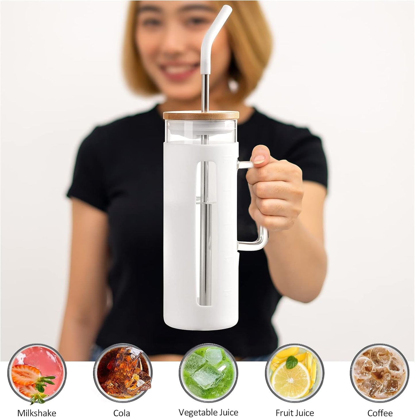 Kodrine Tumbler with Lid and Straw, 20 oz Glass Coffee Tumbler with Handle, Smoothie Cup with Bamboo Lid | Time Marker | Silicone Protective Sleeve, BPA Free - White