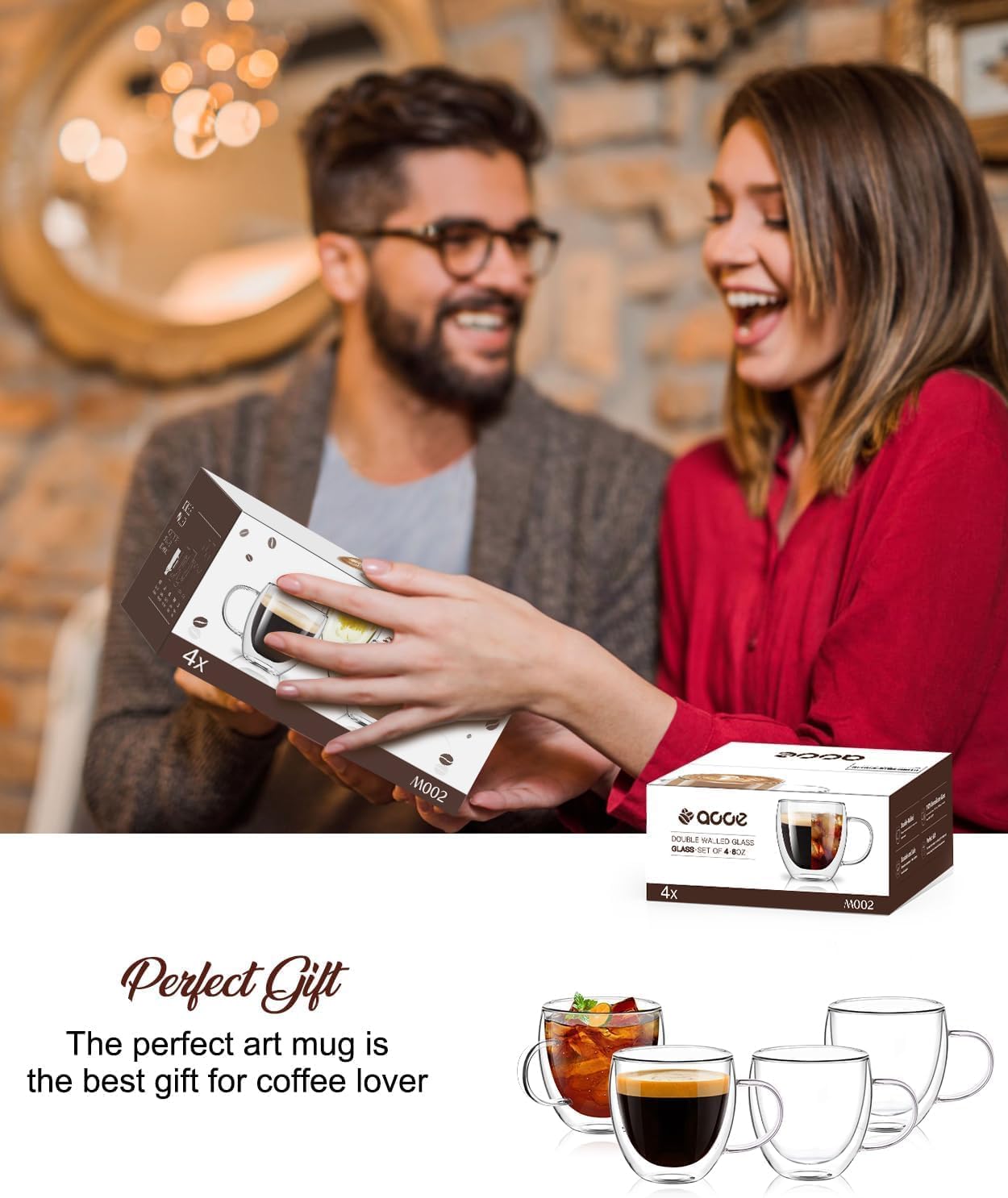 OJA Espresso Cups Set of 4, Hand Blown 5OZ Double Wall Glass Mugs with Handle Perfect for Cappuccino, Latte, Tea, Clear Glass Espresso Shot Cups Suitable for Coffee Machine