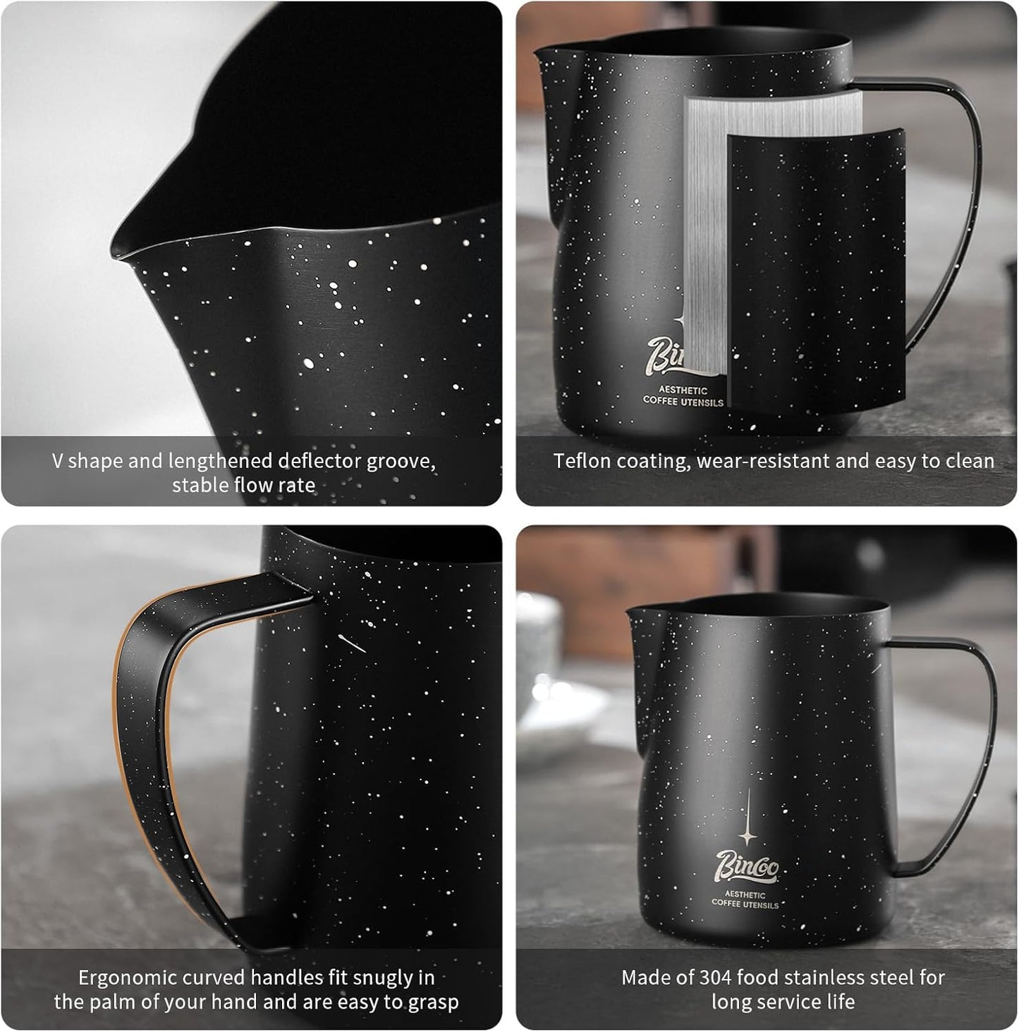 Bincoo Star Milk Frothing Pitcher 12oz,Espresso Steaming Pitcher,Espresso Machine Accessories,Milk Frother cup,Milk Coffee Cappuccino Latte Art,Stainless Steel Jug Cup.(Black 12oz)