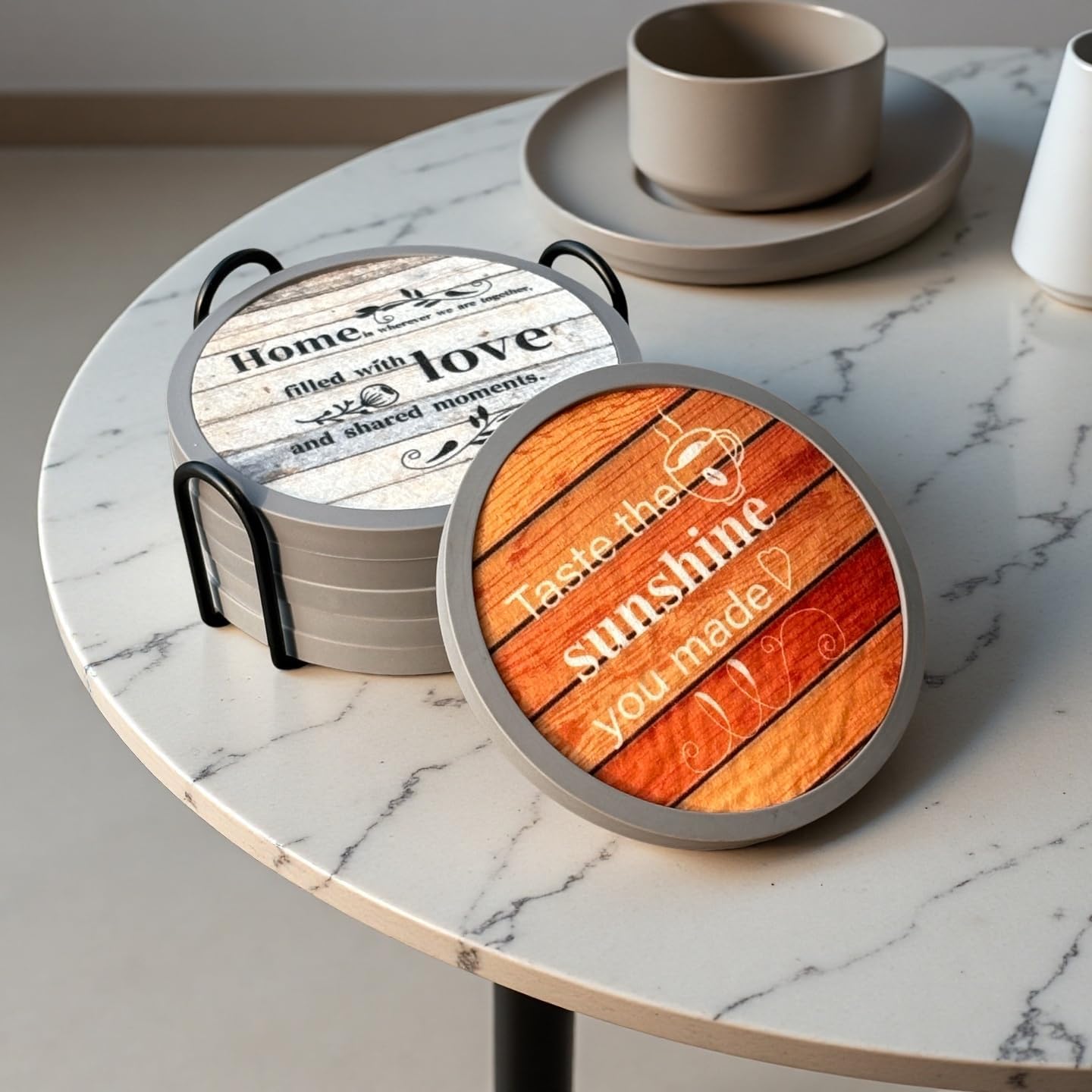 Absorbent Coasters for Drinks with Holder, Set of 6 Farmhouse Coasters, Silicone Coaster with Soft Felt Insert, Round, Housewarming Gifts