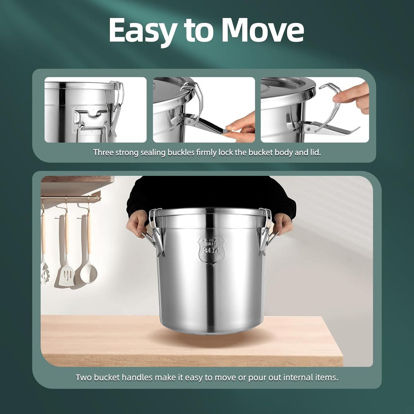 PERFERATE 304 Stainless Steel Airtight Canister 6L/12L Food Storage Bucket with Lids and Sturdy Locking Clamp Metal Cereal Rice Storage Container for Flour, Coffee Bean, Sugar, Cookie (21L)