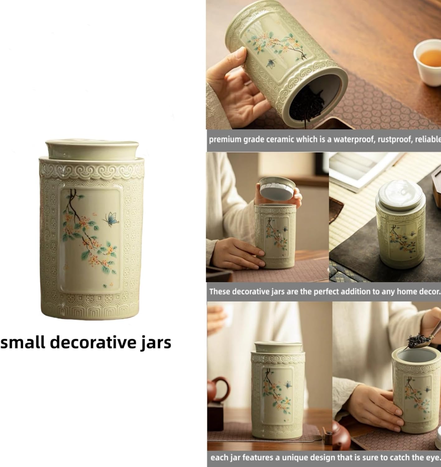 Ceramic Ginger Jar with Lid- 6.5 inches decorative flowers Ginger jars, chinoiserie gift Butterflies Medium jars for Home decor/jewelry/Tea/coffee beans/Storage
