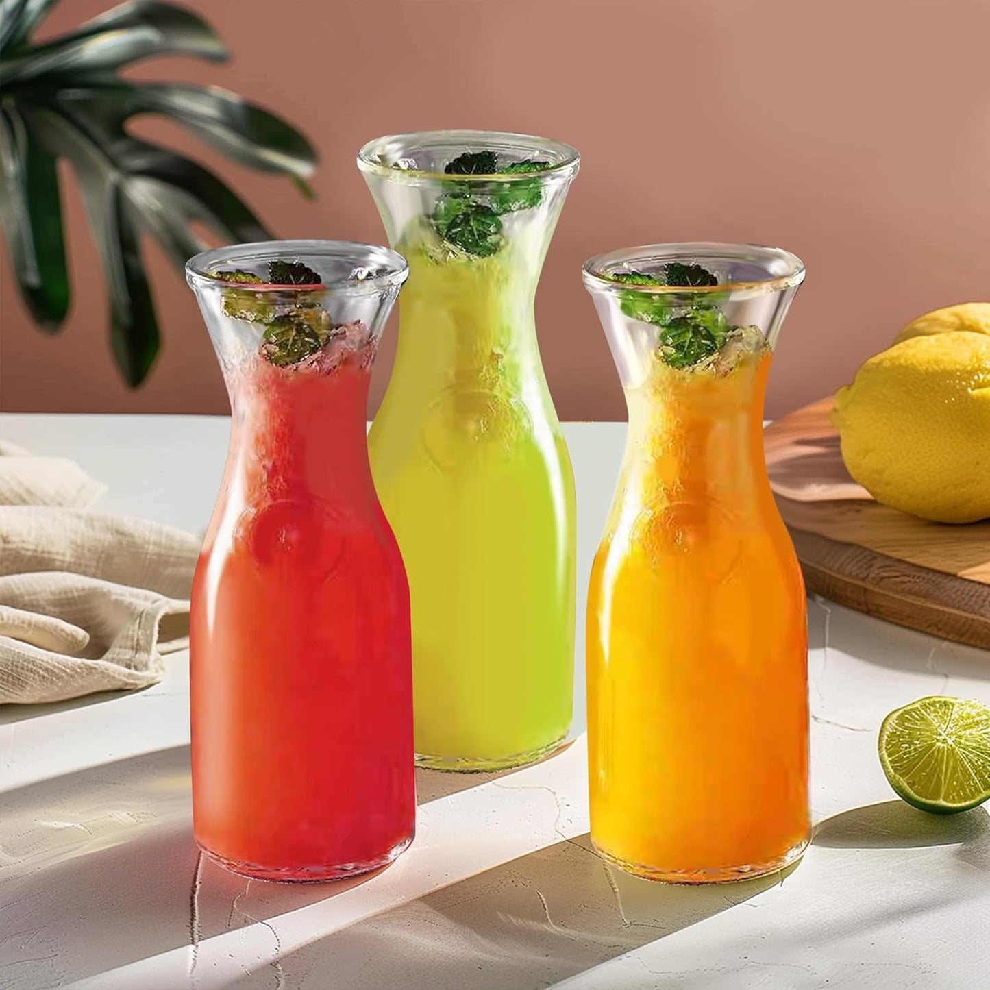 Glass Carafe with Bamboo Lid,35 Oz Beverage Dispensers Carafe,Mimosa Bar Supplies,Juice Bottles, Clear Glass Pitcher with Name Labels for Iced Tea,Coffee,Juice(Set of 4)