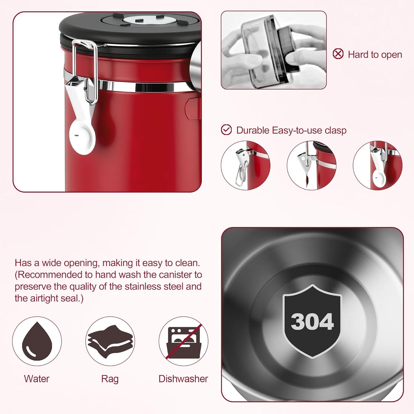 ShanSon Coffee Canister Airtight Coffee Container Stainless Steel Coffee Bean Storage Container with Scoop Coffee Canister for Beans Grounds Sugar Flour Tea Cereal,16OZ,Red