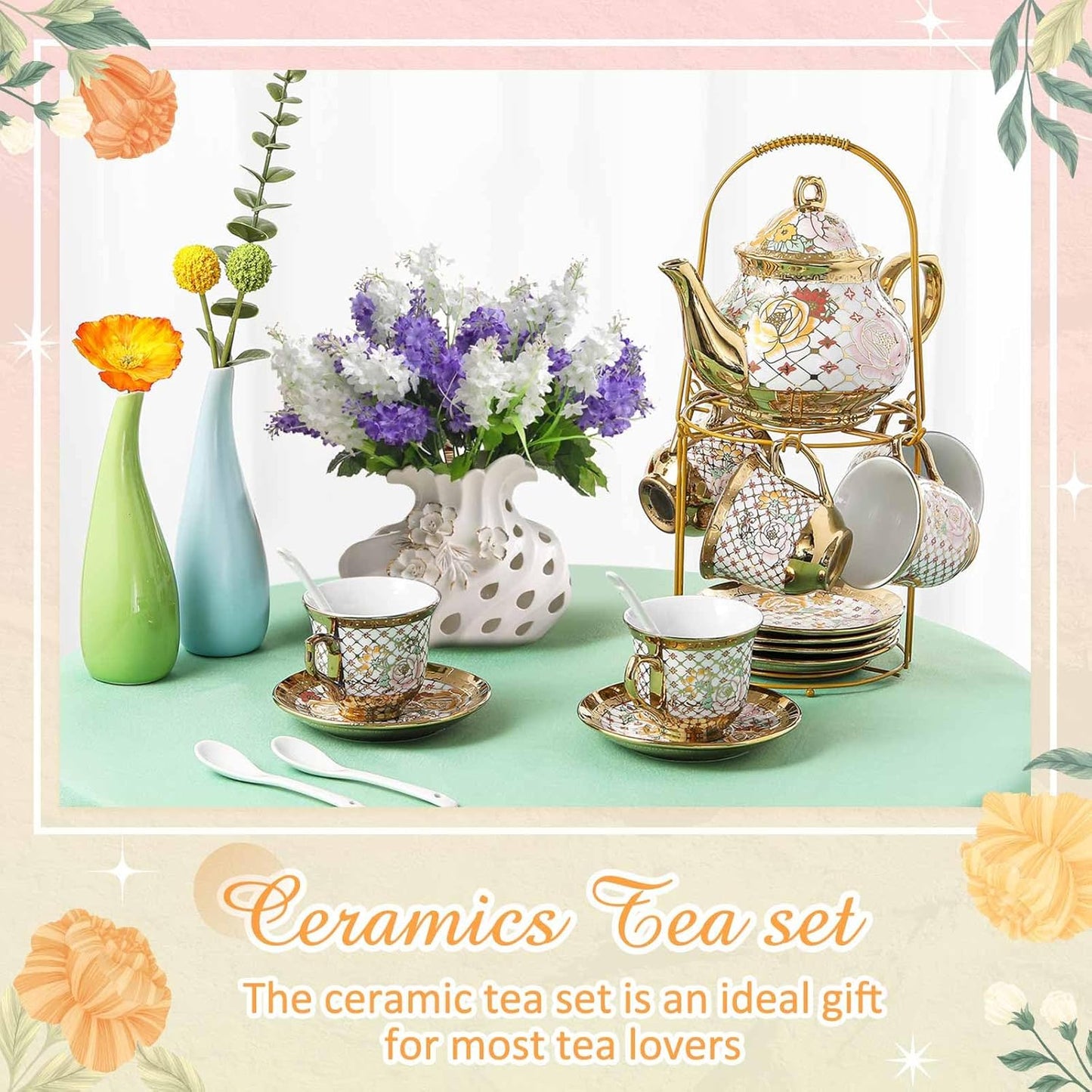 Zhehao 20 Pcs Porcelain Tea Set with Metal Holder and Spoon Adult Ceramic Tea Party Set European Flower Painting Teapot Cup Saucer Spoon Set for Women, Large Version(Delicate Style)