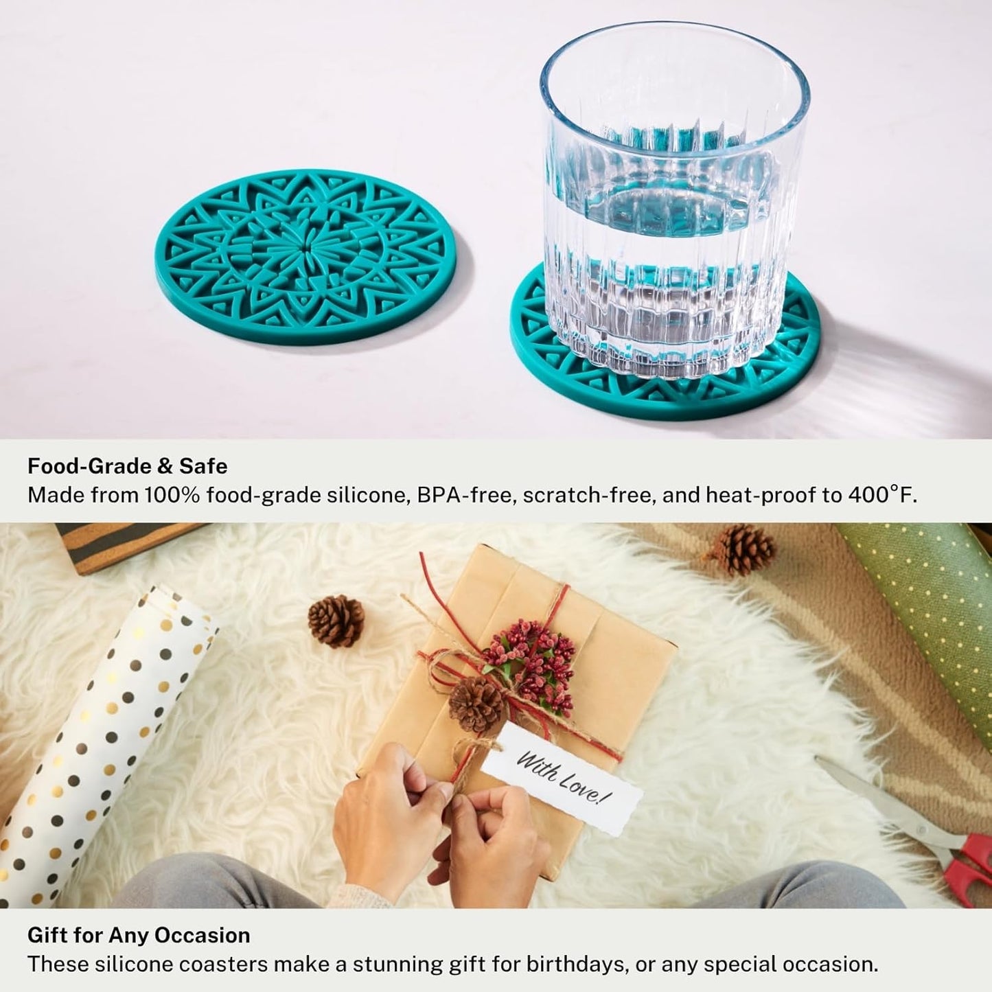 Set of 6 Teal Silicone Coasters with Holder, Drink Coasters with Tribal Pattern Shape- for Table Protection, Anti Slip, Nonstick, Heat Resistant, Deep Tray