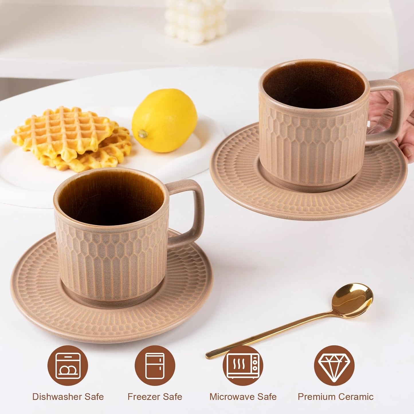 Large Cappuccino Cups with Saucers Set of 4, 8 Ounce Stackable Embossed Ceramic Coffee Mugs for Specialty Coffee Drinks, Latte, Cafe Mocha and Tea, Dishwasher & Microwave Safe (Brown)