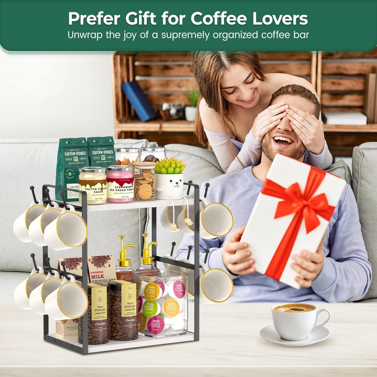 EsLuker.ly 2 Tier Coffee Mug Holder Station Bar Organizer Countertop, Mug Cup Tree Rack for Kitchen Office, Storage Shelf with 12 Hooks, Creat Stylish Coffee Corner, White-Black