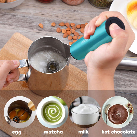 Rechargeable Milk Frother Handheld Electric Frother Wand Milk Foamer Drink Mixer for Coffee, Lattes, Cappuccino, and Egg, Stainless Steel for Travel-Light Blue
