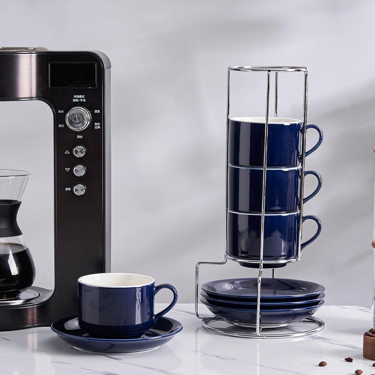 8 Ounce Porcelain Cappuccino Cups with Saucers and Silver Stand, Navy Cups Set of 4