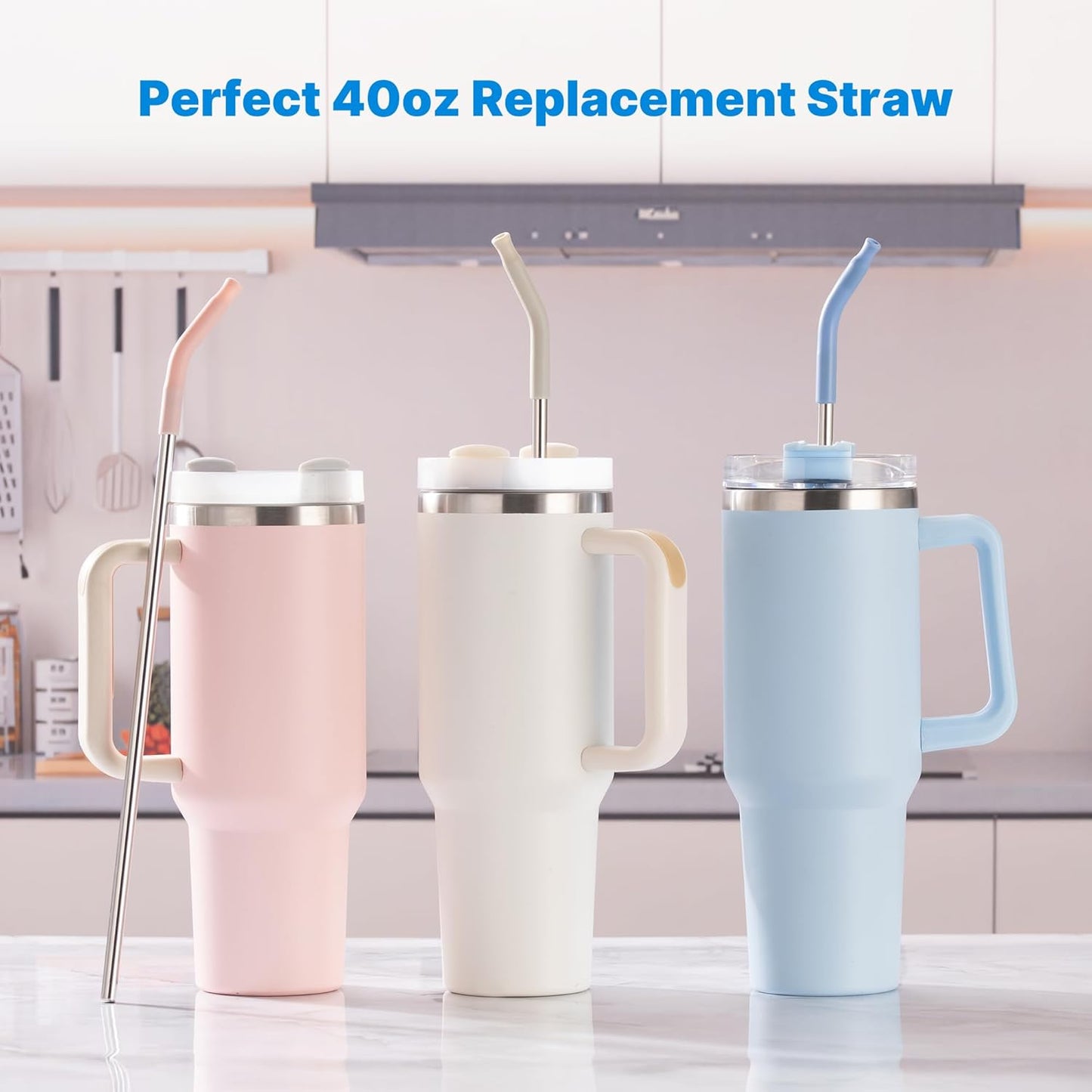 Metal Straw with Silicone Tip for 40oz Stanley Cup, 2 Pcs Stainless Steel Straws Replacement for Stanley 40 oz Adventure Quencher Travel Tumbler Cup, 1 Straw Brush (Cream Grey)