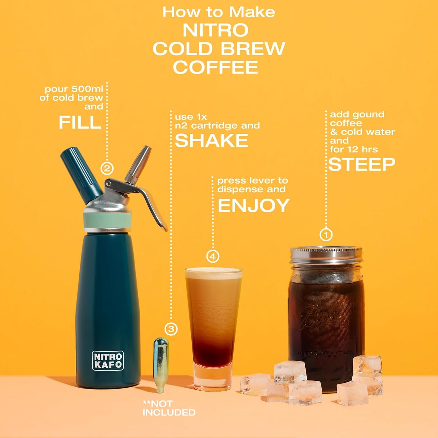 0.5L Nitro Coffee Maker, Aluminum Nitro Cold Brew Coffee Maker with Special Nitro Diffuser Nozzle & Cold Brew Maker for Making Nitro Cold Brew, 1 Pint/0.5L, Includes (10) Nitro Cartridges