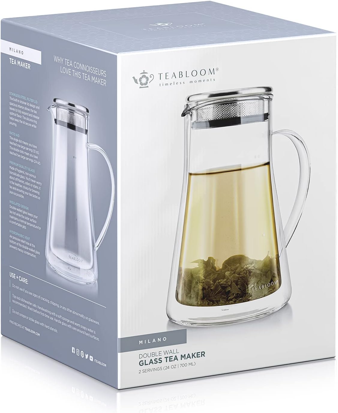 Teabloom Insulated Teapot Keeps Tea Hot – Tea Maker For Two (24 oz) – Double Wall Heatproof Glass Tea Steeper with Stainless Steel Filter Lid for Loose Leaf Tea