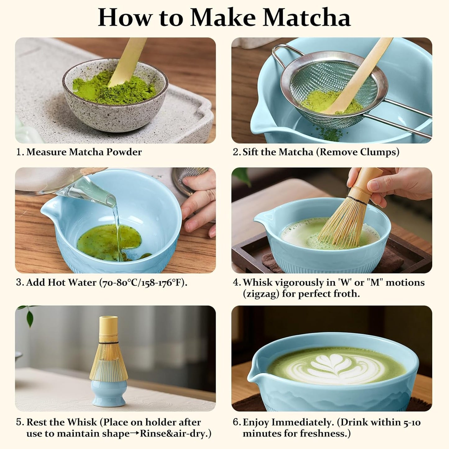 7PCs Matcha Whisk Set Traditional Japanese Matcha Kit with Ceramic Bowl Bamboo Chasen Tea Spoon Holder Sifter Tea Towel Ceremony Matcha Tea Making Tools Green Tea Set for Beginners