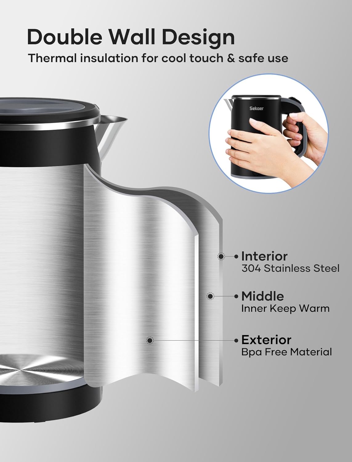 Sekaer Small Electric Tea Kettle Stainless Steel 0.8L Portable Travel Hot Water Boiler, Mini Electric Coffee Kettle with Auto Shut-Off & Boil Dry Protection, Cordless Base & LED Indicator