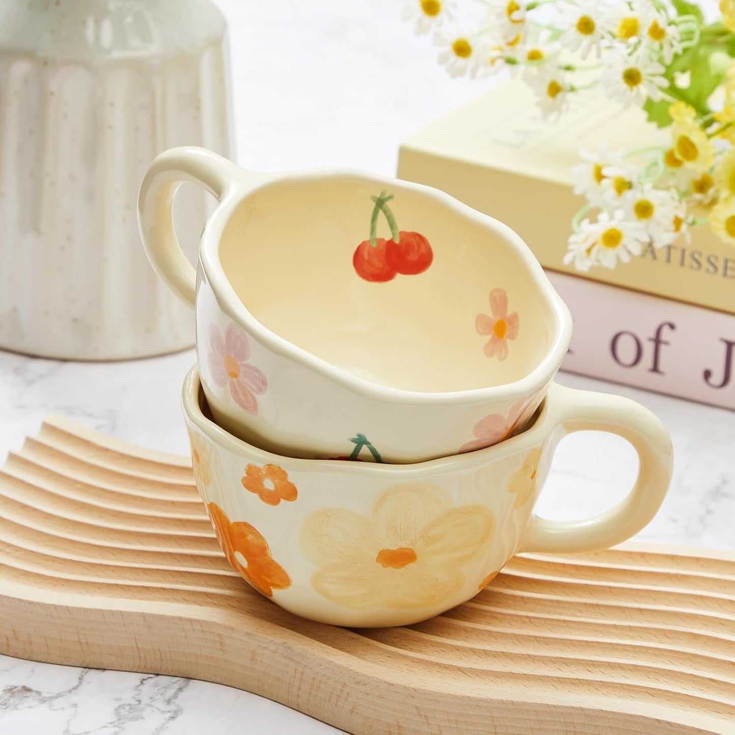 Vesici 2 Pcs Ceramic Coffee Mugs Flower Cups with Spoon Vintage Floral Mugs with Handle 8.5 oz Aesthetic Tea Porcelain Cup Gift for Valentine Office Home, Dishwasher and Microwave Safe(Fresh)