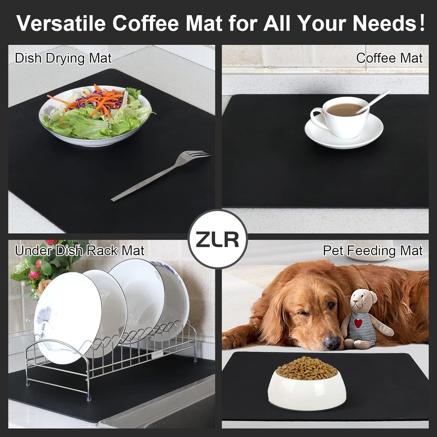 ZLR Coffee Mat - 12" x 20" Middle Kitchen Hide Stain Absorbent Dish Drying Mat for Countertop - Easy to Clean Coffee Bar Mat for Espresso Machine and Spill Protection - Black