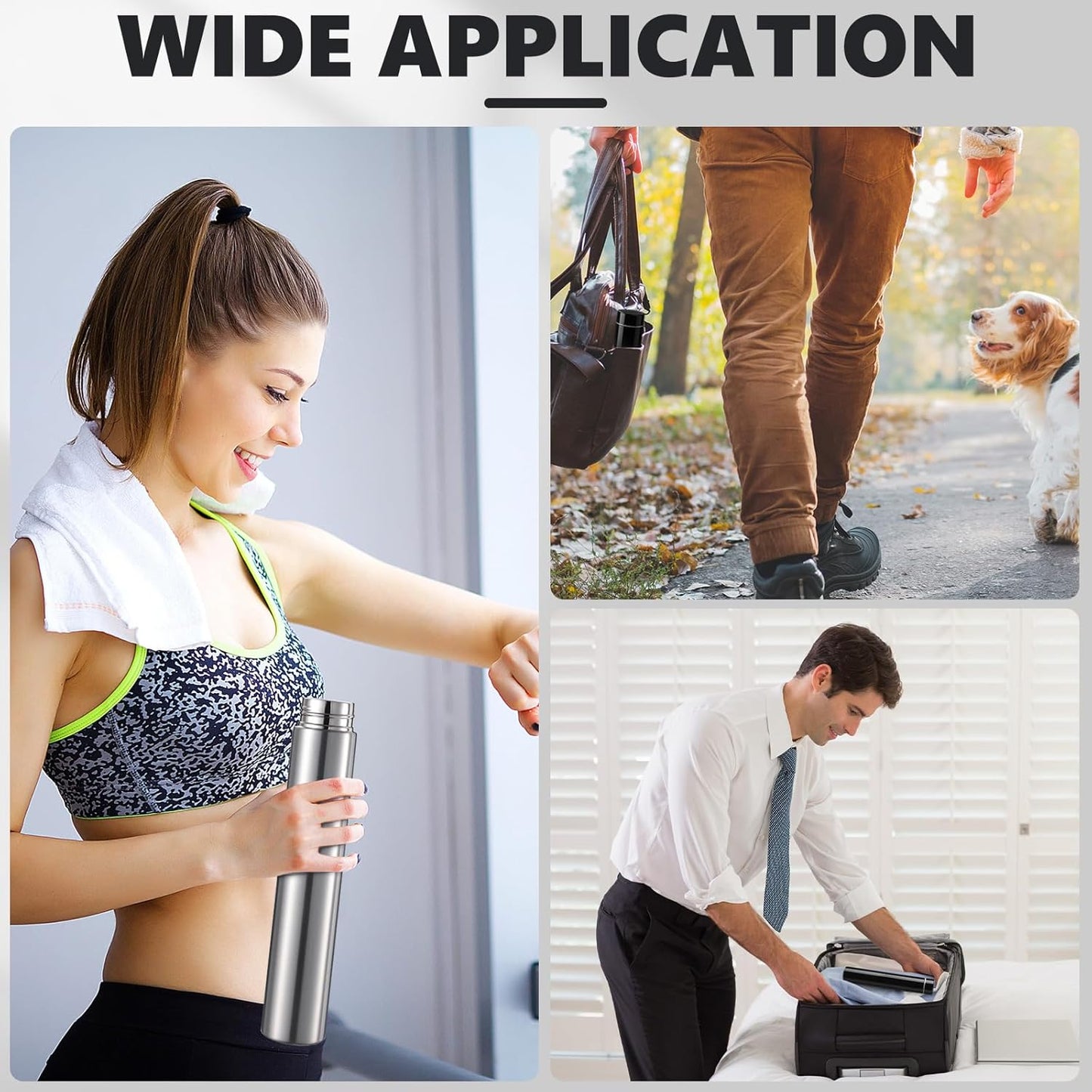 Vesici Slim Water Bottle 8.8 oz Small Stainless Steel Purse Compact Insulated Water Bottles Camping Travel Backpack Pocket Flask for Car Cold Coffee Tea(Silver, Black,2 Pack)