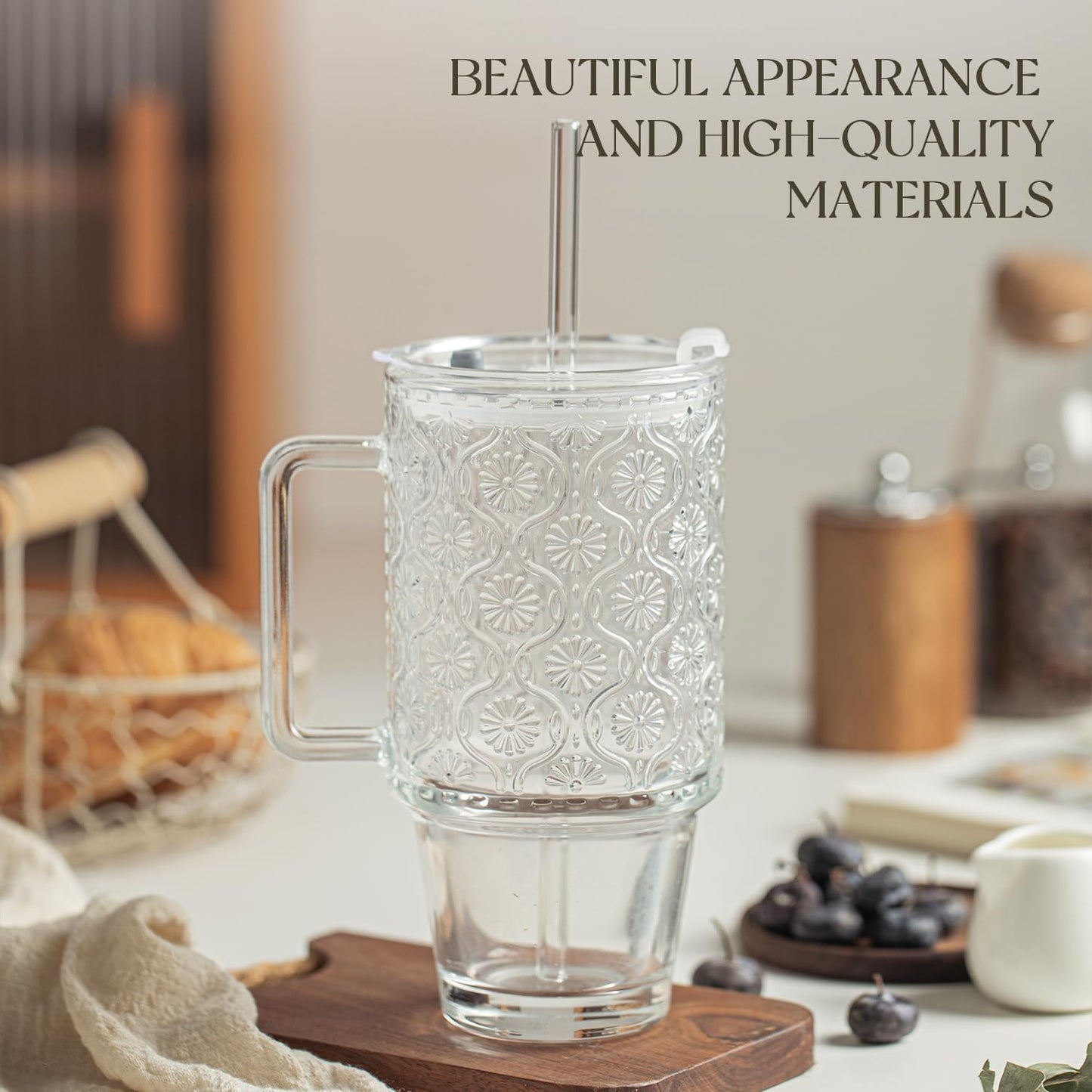 KEMORELA 24 Oz Glass Tumbler with Straw and Lid, Iced Coffee Cups with Lids, Smoothie Cup with Handle, Begonia Pattern Glassware for Cold Drinks, Reusable Tumbler for Beverages (1)