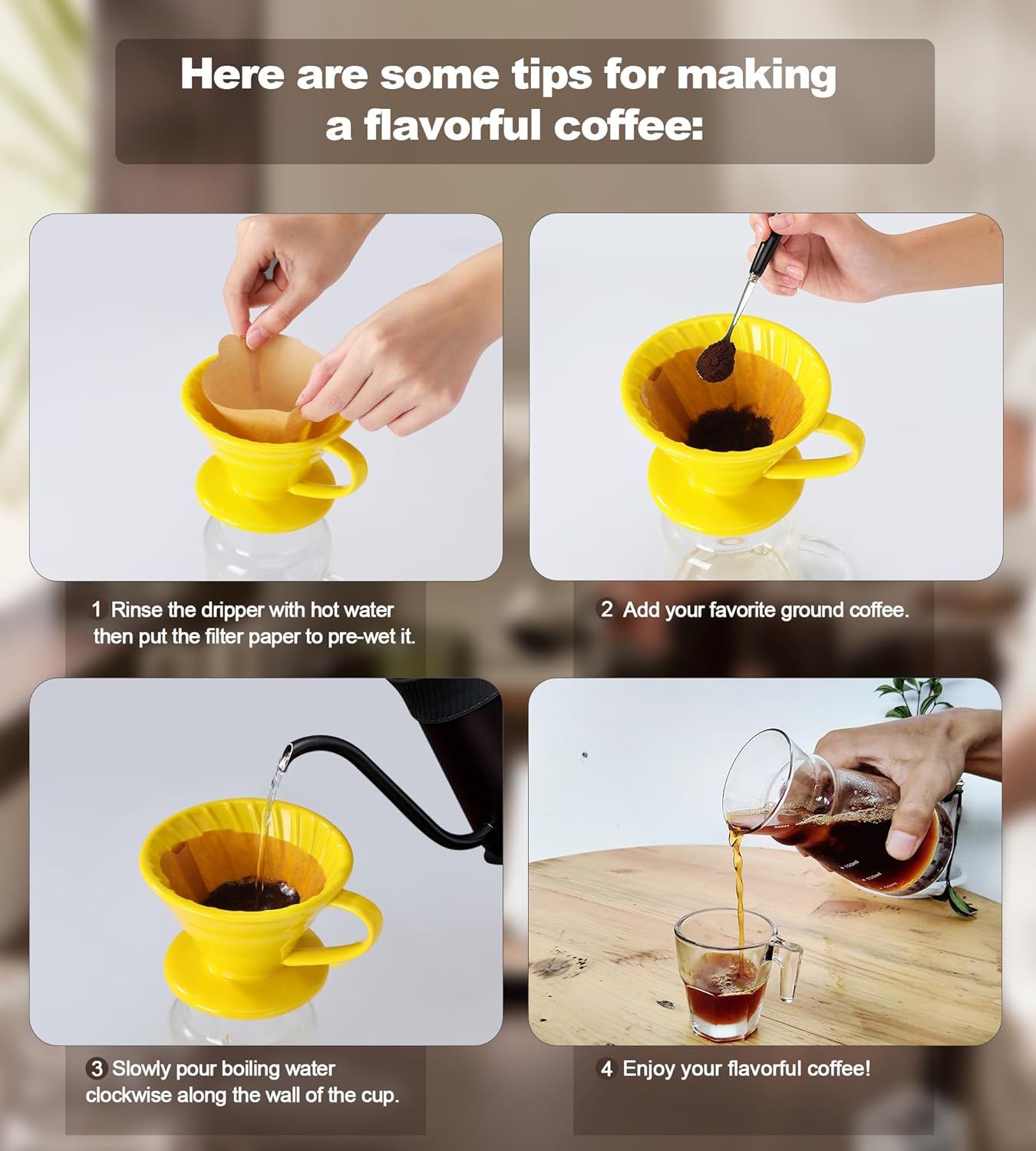 Pour Over Coffee Dripper - Ceramic Pour Over Coffee Maker Cone, Porcelain Coffee Drip, Pour Over Single Cup, Manual Brew Maker for Home, Cafe, Office - 1-4Cup, V60 Size 02 (Yellow)