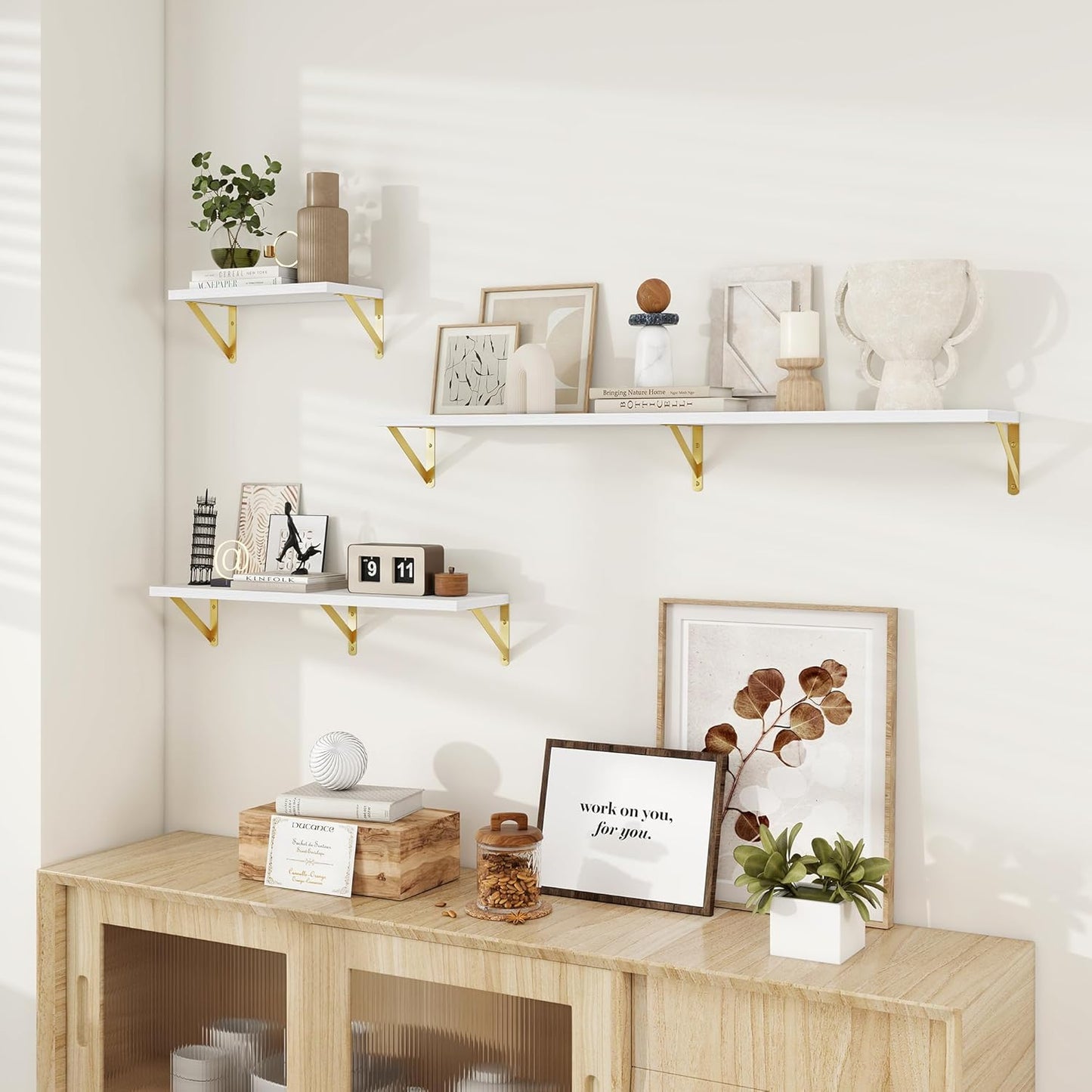 Dreamland Deep Floating Shelves for Wall, 30W x 8D Wall Shelves, Set of 2, 30 inch Floating Shelf with Sturdy Metal Brackets for Living Room, Bathroom, Bedroom and Kitchen, White with Gold Brackets